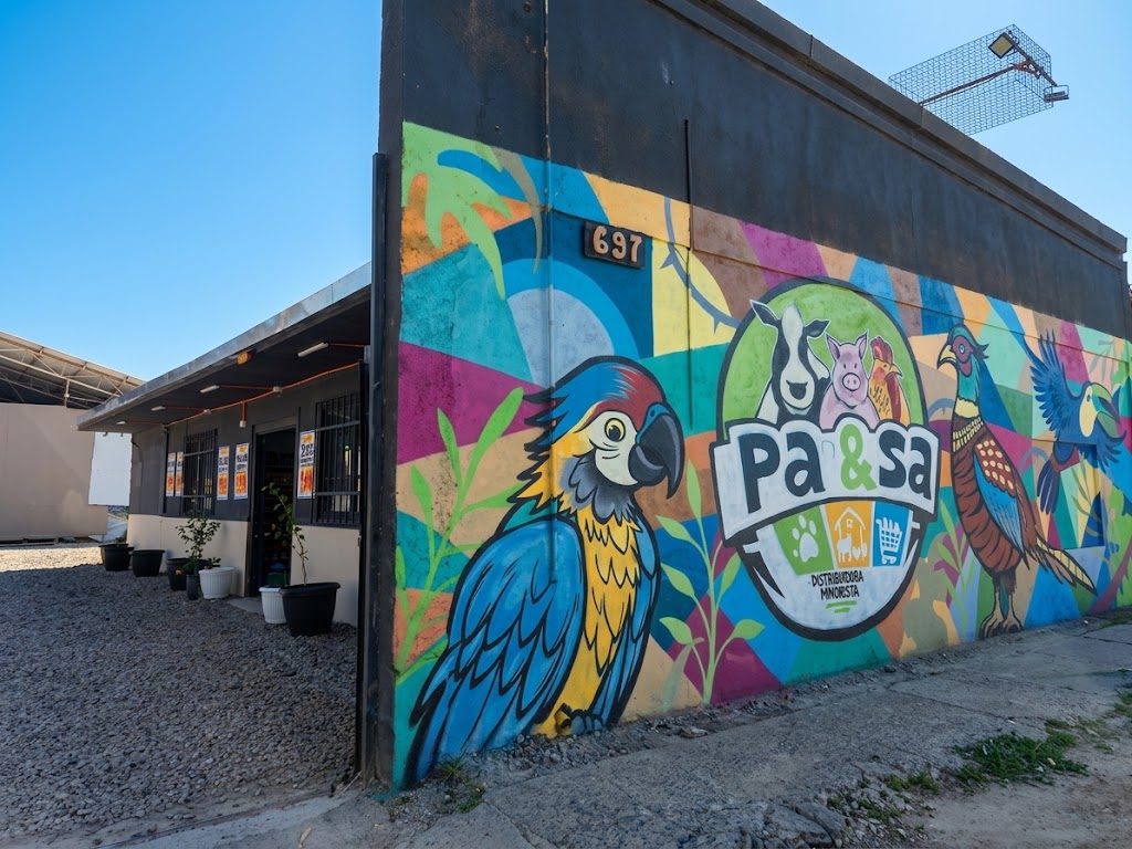 Local PAySA con mural de marca, entrada de la distribuidora